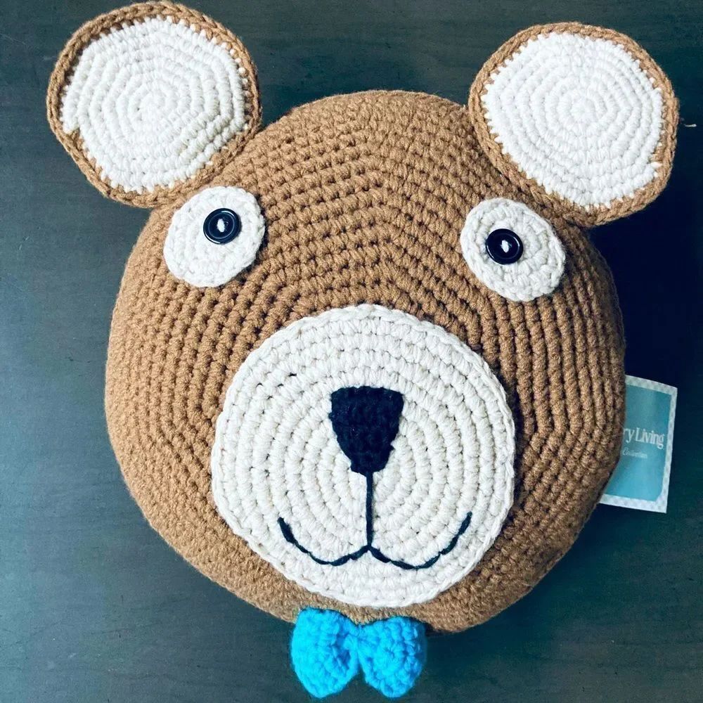 Knit Crochet Teddy Bear Face Baby Nursery Crib Decor Pillow
